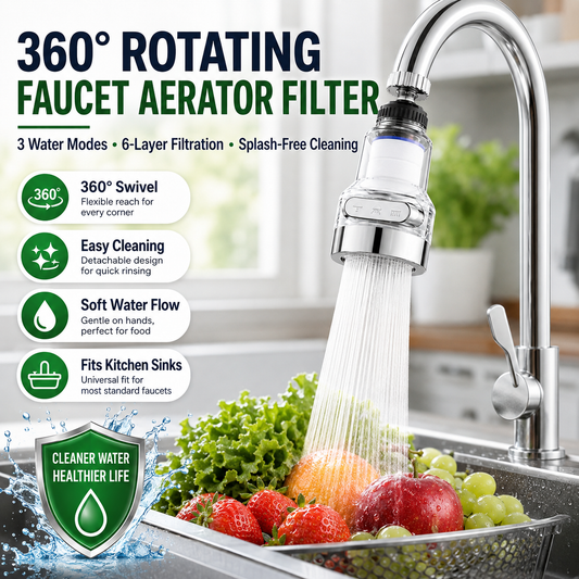 360° Rotating Faucet Aerator Filter 6-Layer Filtration 3 Water Modes Splash-Free for Kitchen Sink Fruit Vegetable Cleaning